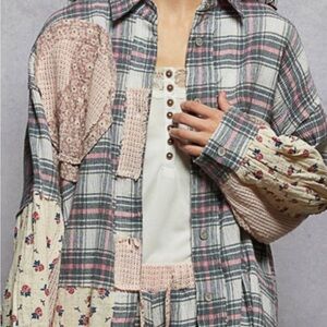 Brand New Pol SET Patchwork Plaid Button-Up Shirt & Matching Joggers Size Small